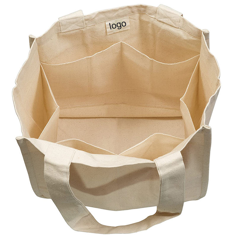 bolsa de compras de tela lavable ecológica con 6 bolsillos interiores bolsa de algodón resistente con fondo reforzado