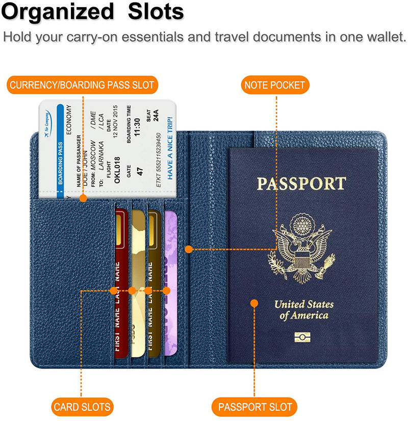 Funda de pasaporte de viaje personalizada para mujeres y hombres, tarjetero con bloqueo RFID, organizador de pasaporte de cuero PU, tarjetero