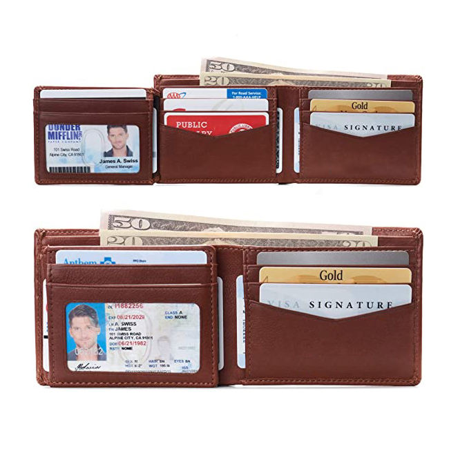 Carteras de cuero baratas promocionales para hombre, billetera de bolsillo fino triple de cuero pu, billetera con tarjetero RFID