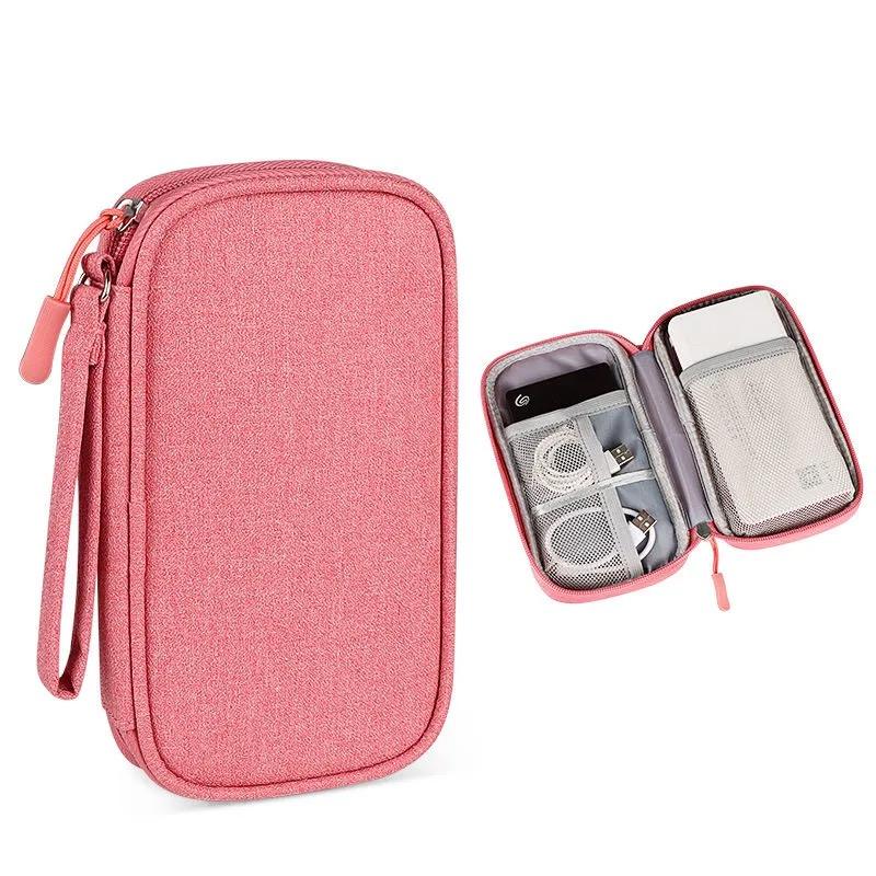 Bolsa organizadora de viaje electrónica rosa de doble capa multifunción para cable de carga, banco de energía, unidad flash usb y disco duro