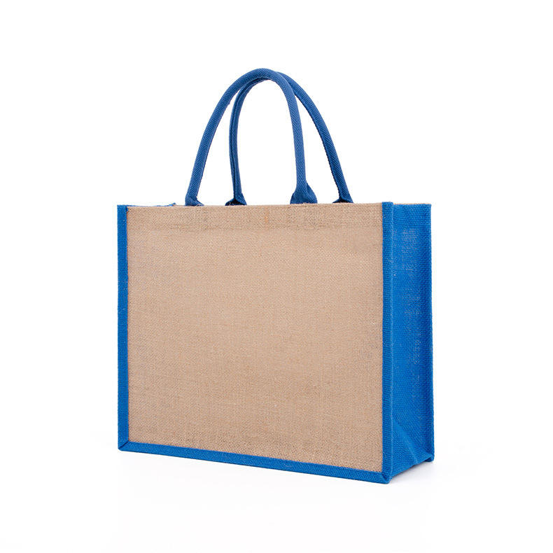 Bolsos de arpillera con logotipo bordado a mano, bolso de compras de playa de yute en blanco, bolsos de mano de yute tejidos de compras laminados