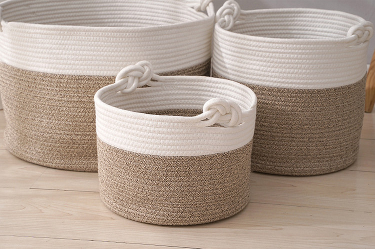 Cesta de almacenamiento de cuerda tejida grande, cesta de cuerda de algodón de almacenamiento redondo para lavandería con asa