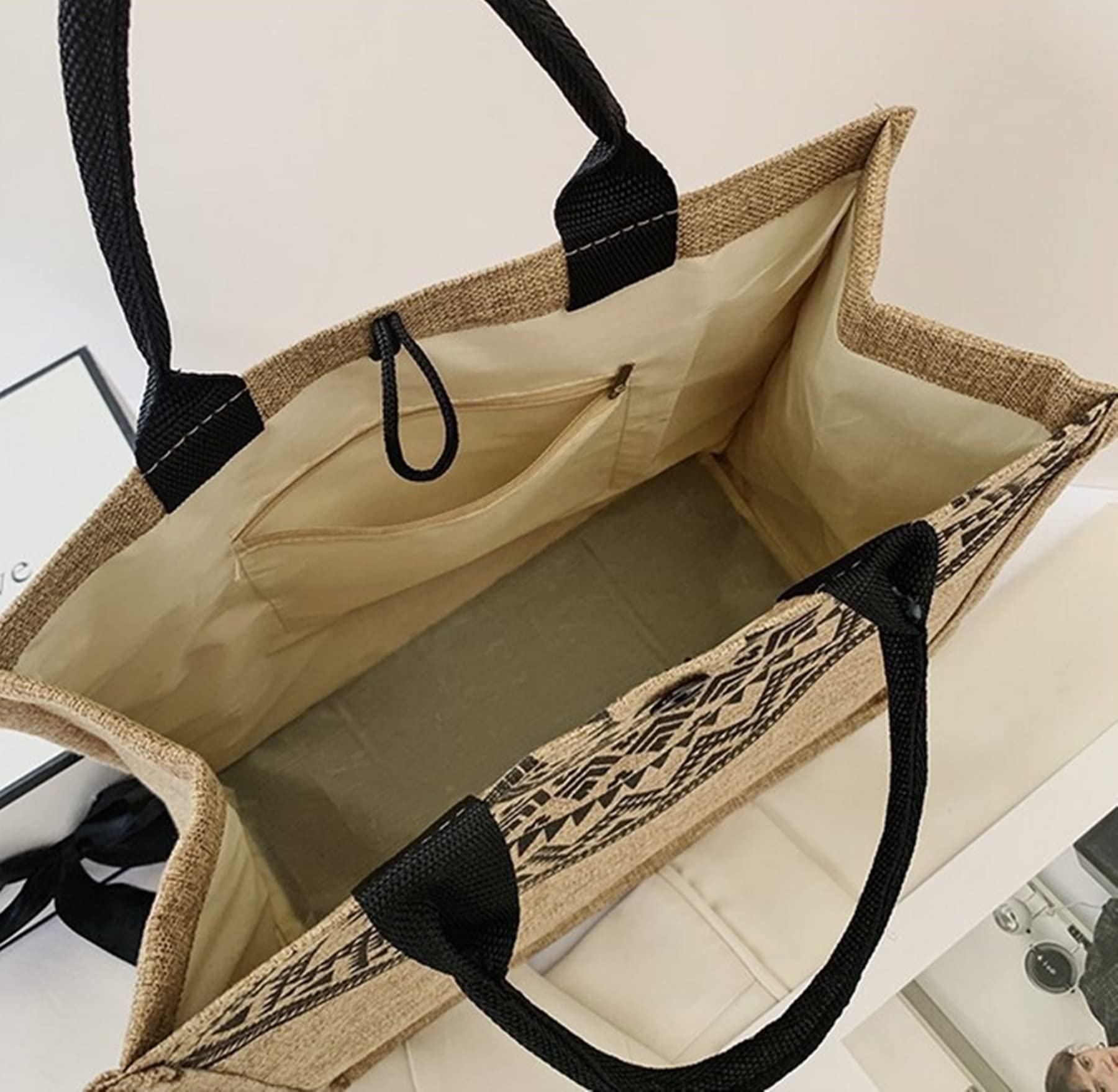 Venta al por mayor de bolsas reutilizables para compras de comestibles con asa en el mercado con bolsillo con cremallera para llevar bolsas de yute