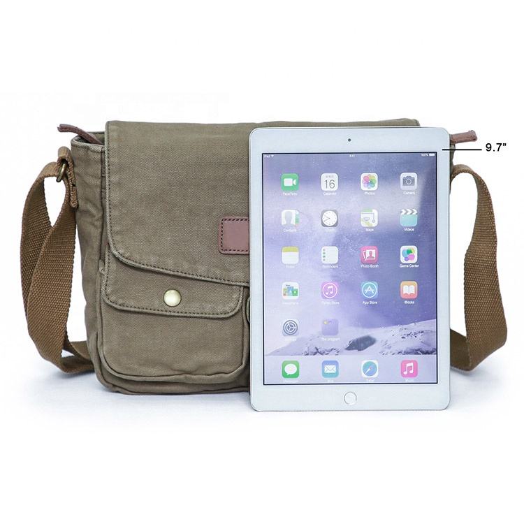 Bolso bandolera de lona con logotipo personalizado, correa para el hombro, cremallera, senderismo, almohadilla de 9,7 pulgadas, bolsas de mensajero para hombre