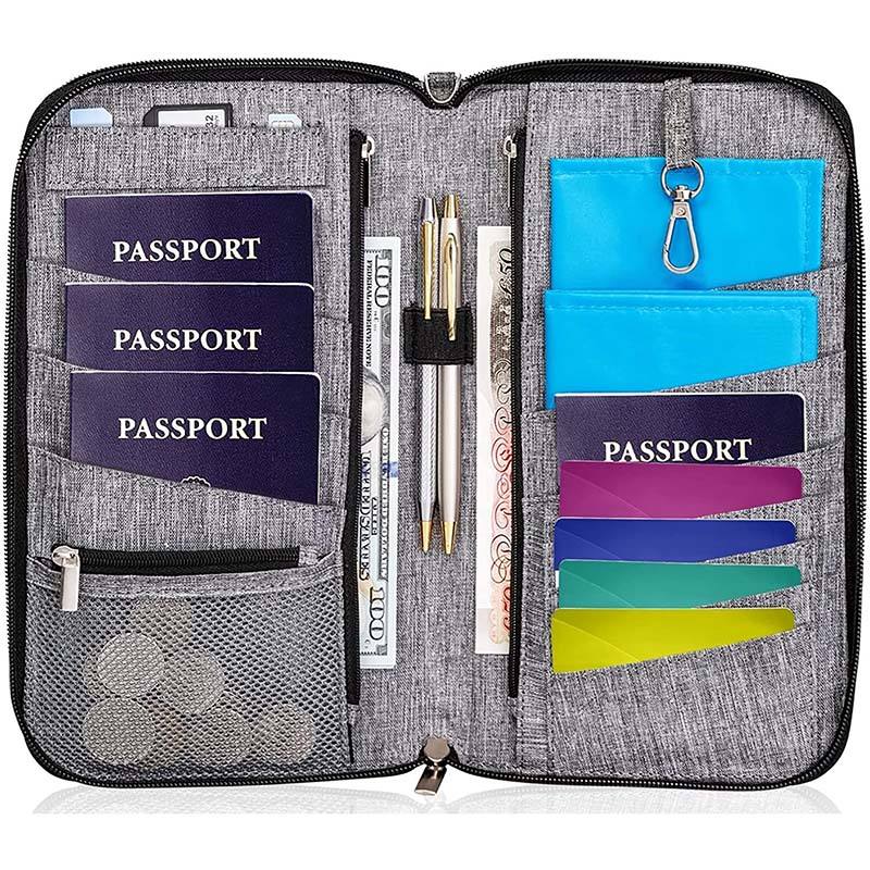 Organizador de documentos de viaje familiar grande de primera calidad, billetera con porta pasaporte resistente al agua protegida por RFID personalizada