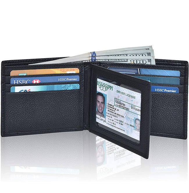 Cartera minimalista delgada de cuero para tarjetas, cartera personalizada para tarjetas de visita con bloqueo RFID para hombres