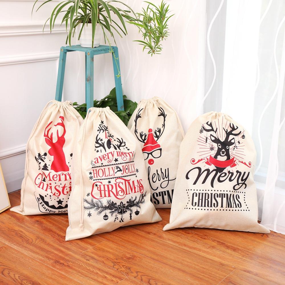Gran venta de bolsas grandes con cordón, bolsa de algodón reutilizable de Navidad, sacos de Reno, bolsas de regalo de Navidad